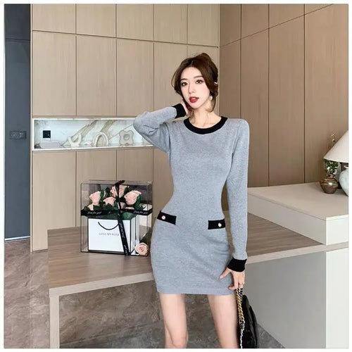 Load image into Gallery viewer, Retro Fashion Sexy Black Patchwork Wrap Hip Bodycon Short Dress Autumn Winter Gray Office Lady O-neck Knitted Party Mini Dresses
