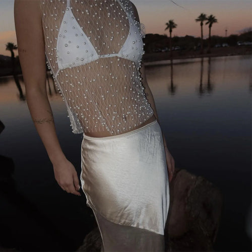 Load image into Gallery viewer, See Through Mesh Sleeveless Tops For Women Fashion Sheer Pearl Sexy Tank Tops Femme Club Party T-shirt New

