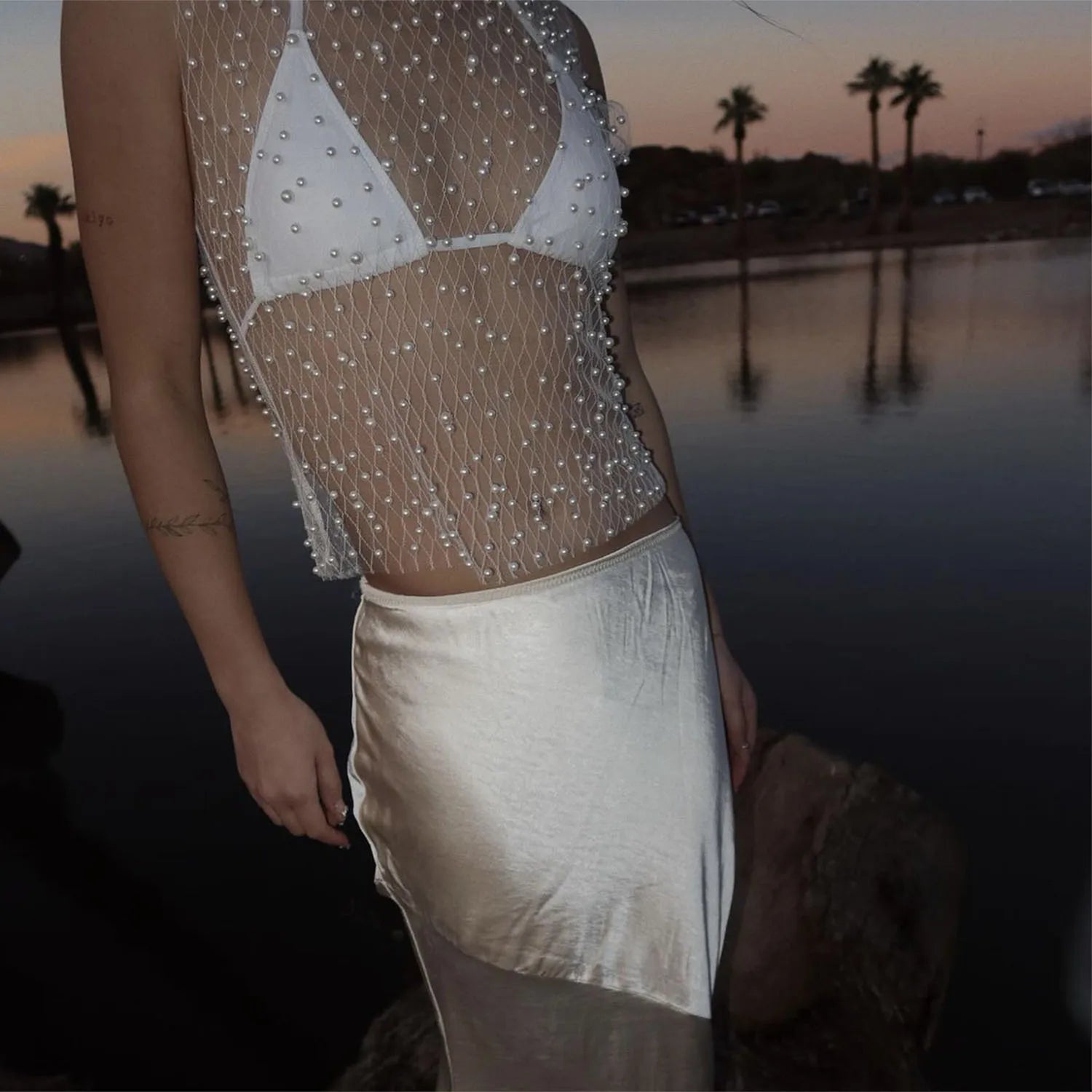 See Through Mesh Sleeveless Tops For Women Fashion Sheer Pearl Sexy Tank Tops Femme Club Party T-shirt New