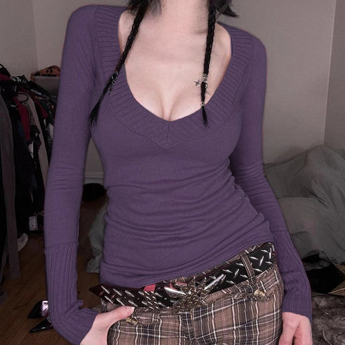 Load image into Gallery viewer, 2025 Harajuku Purple Knitted Autumn T-shirts Women Y2k Aesthetic Bodycon Grunge Tees Vintage A Deep V-Neck Sexy Fairy Tshirt
