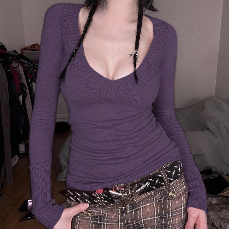 2025 Harajuku Purple Knitted Autumn T-shirts Women Y2k Aesthetic Bodycon Grunge Tees Vintage A Deep V-Neck Sexy Fairy Tshirt