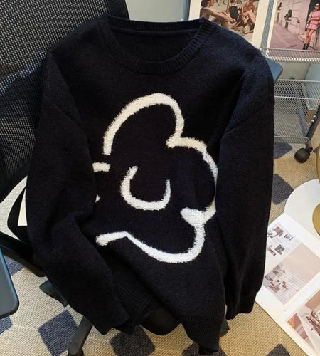 Korean Women's Black White Patchwork Long Sleeve Round Neck Sweater Autumn Winter Loose Elegant Knitted Pullover Top Thick Trend