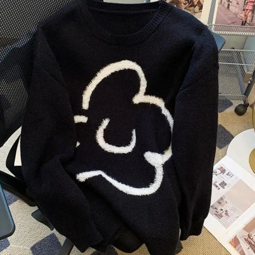 Load image into Gallery viewer, Korean Women's Black White Patchwork Long Sleeve Round Neck Sweater Autumn Winter Loose Elegant Knitted Pullover Top Thick Trend
