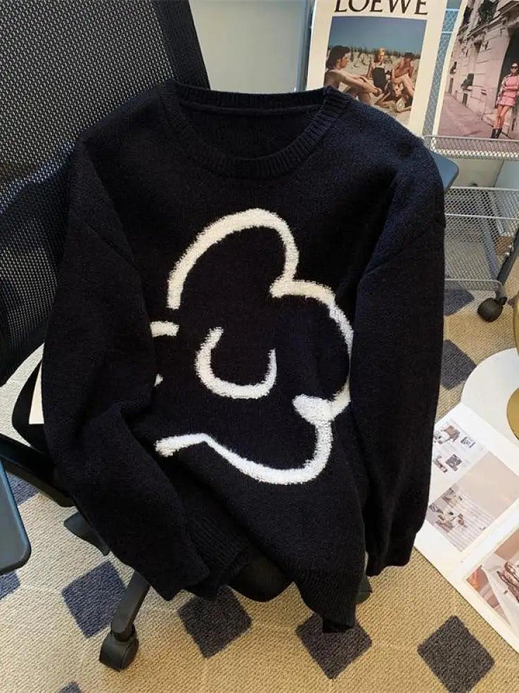 Korean Women's Black White Patchwork Long Sleeve Round Neck Sweater Autumn Winter Loose Elegant Knitted Pullover Top Thick Trend