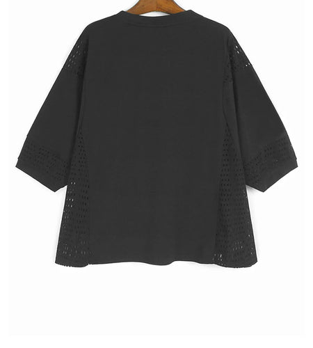 Women Black Hollow Out Big Size Casual T-shirt New Round Neck Three-quarter Sleeve Fashion Tide Spring Autumn 2025 1DJ1314