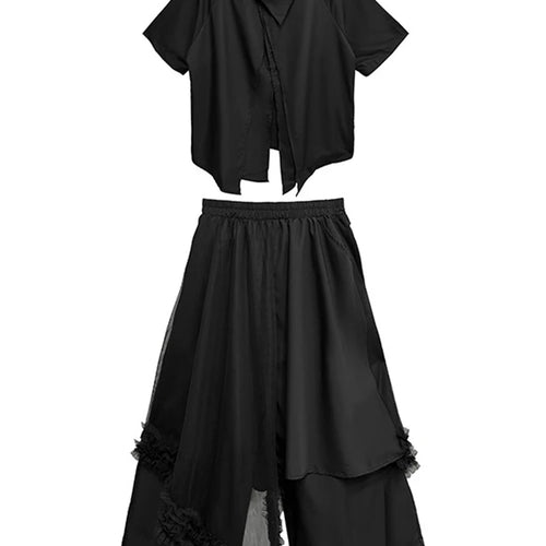 Load image into Gallery viewer, Big Size Black Irregular Shirt Mesh Pants Two Piece Suit New Lapel Short Sleeve Women Fashion Spring Summer 2025 1DJ1371
