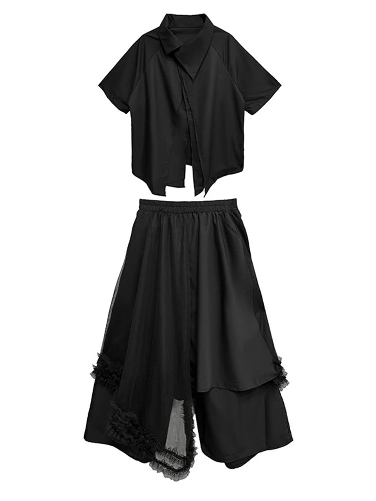 Big Size Black Irregular Shirt Mesh Pants Two Piece Suit New Lapel Short Sleeve Women Fashion Spring Summer 2025 1DJ1371