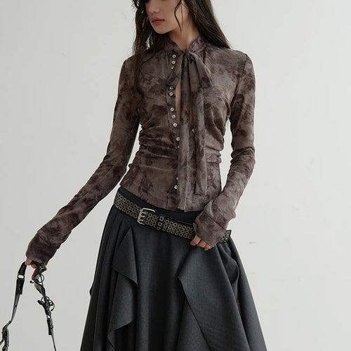 Load image into Gallery viewer, Women Gray Flocking Hollow Out Slim Bandage Bow T-shirt New Round Neck Long Sleeve Fashion Tide Spring Autumn 2025 1DH9347
