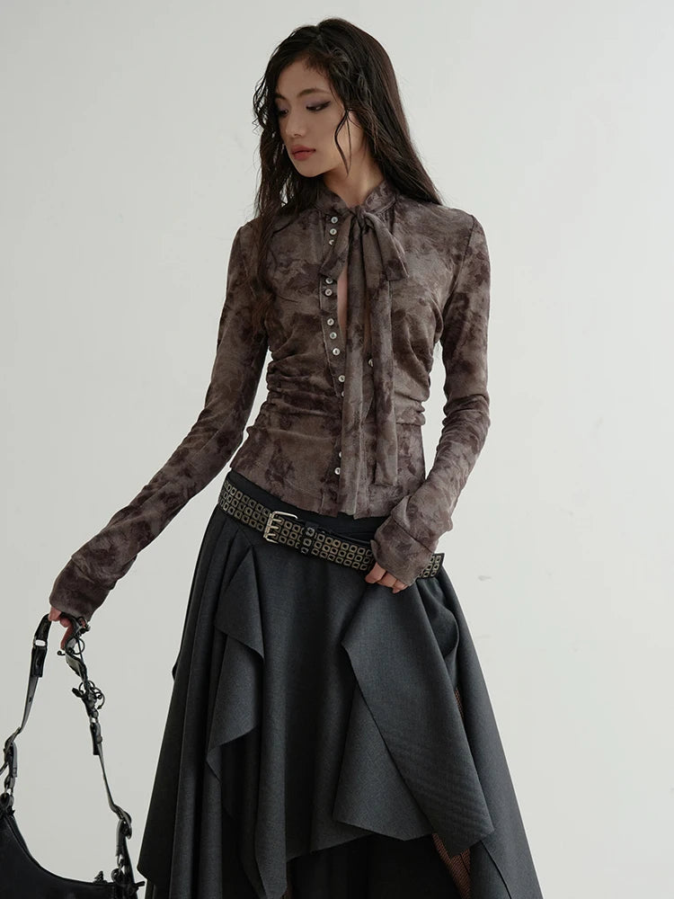 Women Gray Flocking Hollow Out Slim Bandage Bow T-shirt New Round Neck Long Sleeve Fashion Tide Spring Autumn 2025 1DH9347