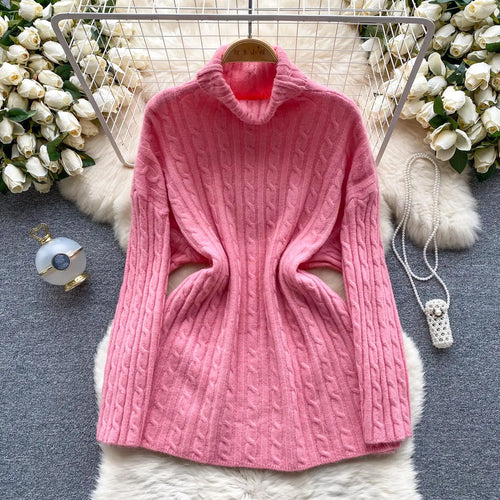 Load image into Gallery viewer, Autumn Winter Women's Solid Elegant High-neck Knitting Sweater Female Loose Thick Warm Long Sleeves Simple Crochet Pullover Tops
