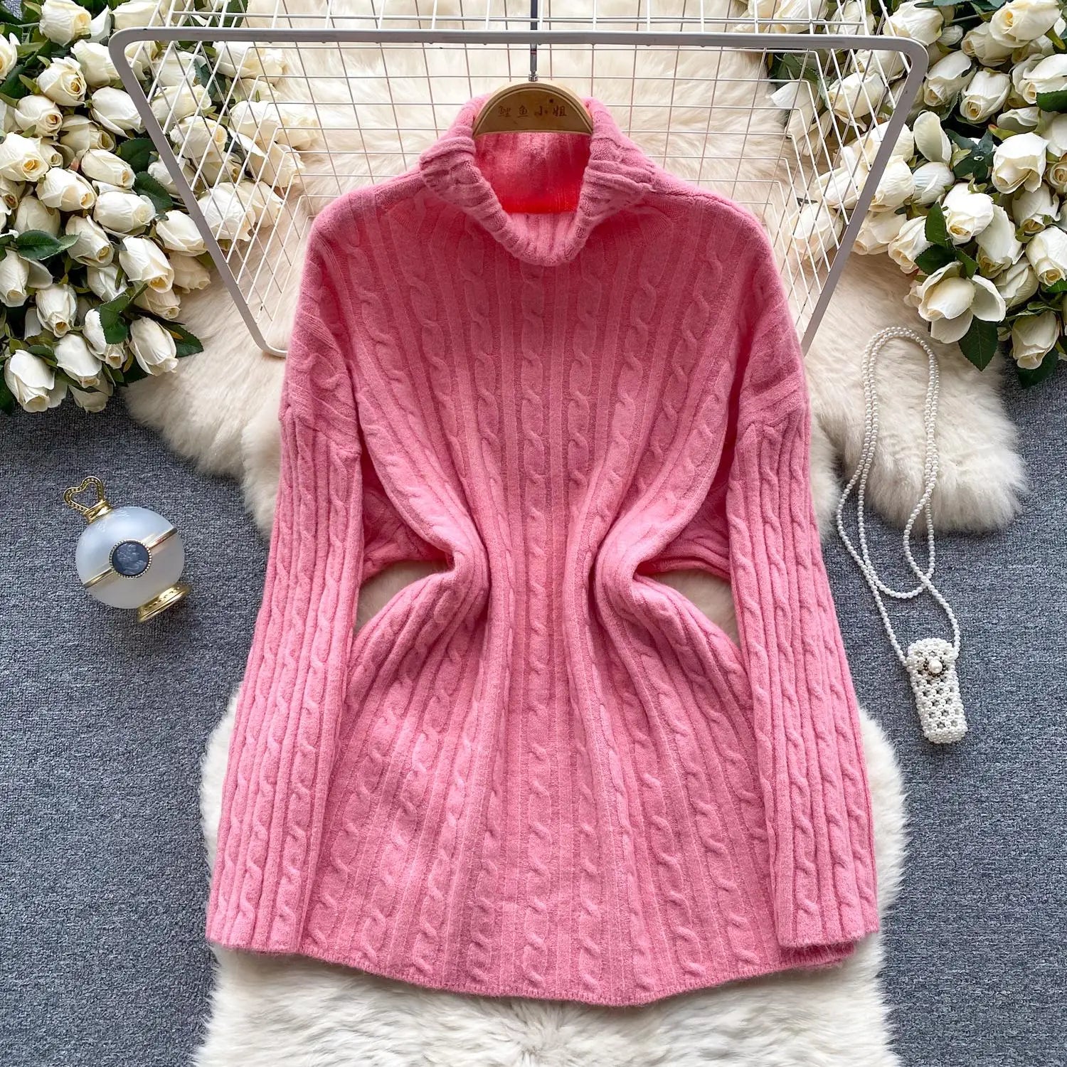 Autumn Winter Women's Solid Elegant High-neck Knitting Sweater Female Loose Thick Warm Long Sleeves Simple Crochet Pullover Tops
