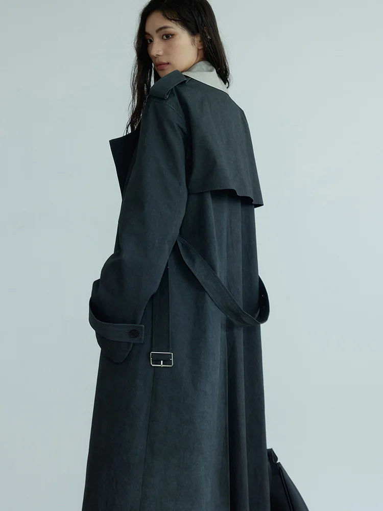 Women Gray Color-block Big Size Long Trench New Lapel Long Sleeve Windbreaker Fashion Tide Spring Autumn 2025 1DH7076