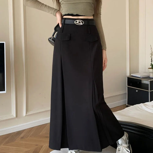 Load image into Gallery viewer, Korean Vintage Brown High Waist Slim Suit Pleated Skirts Women 2023 Spring Autumn Black With Belt A Line Party Long Skirt Casual

