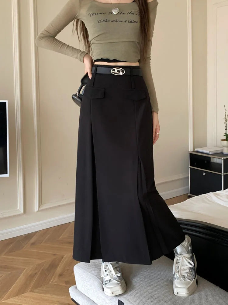 Korean Vintage Brown High Waist Slim Suit Pleated Skirts Women 2023 Spring Autumn Black With Belt A Line Party Long Skirt Casual