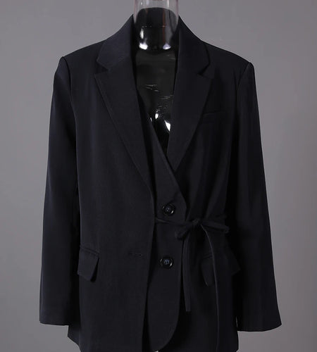 Women Navy Blue Bandage Big Size Elegant Blazer New Lapel Long Sleeve Jacket Fashion Tide Spring Autumn 2025 1DH7507