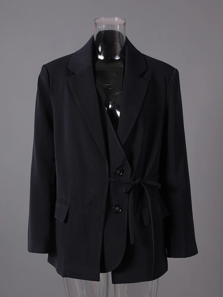 Women Navy Blue Bandage Big Size Elegant Blazer New Lapel Long Sleeve Jacket Fashion Tide Spring Autumn 2025 1DH7507