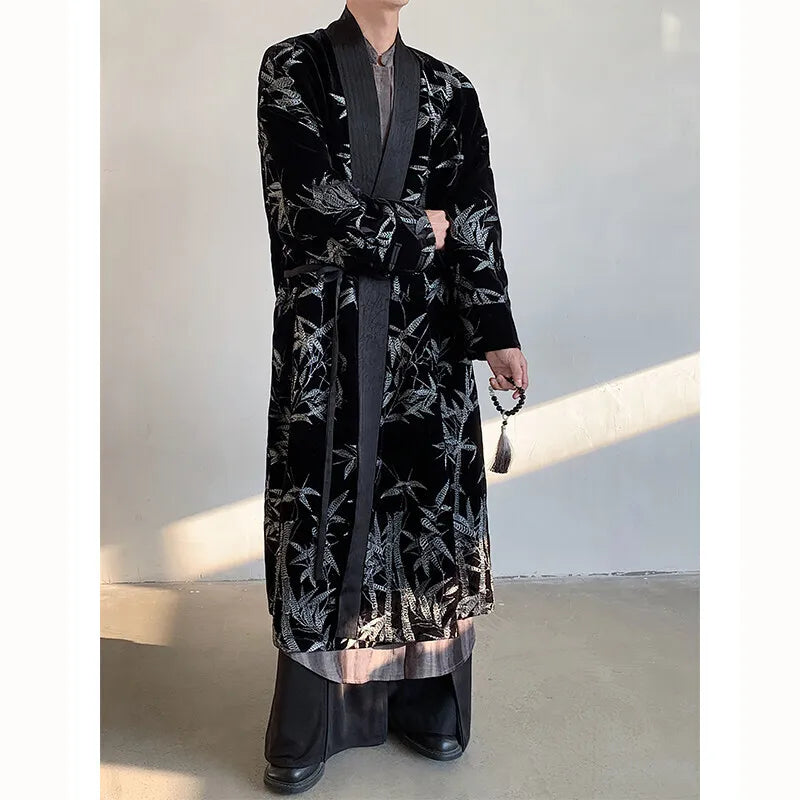 Men's Trench Coat Spring Embroidered Silver Bamboo Decoration New Chinese Style Stand Collar Handsome Male Clothing 9W1706