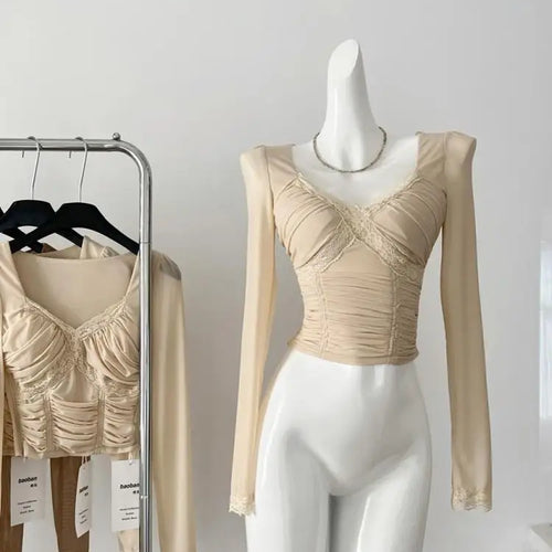 Load image into Gallery viewer, Vintage Fashion Khaki Elegant Lace Mesh Pleated Tops French Autumn Brown Square V Neck Chic Long Sleeve Festival Short T Shirt
