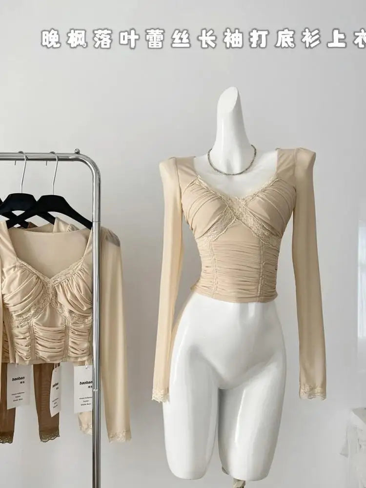 Vintage Fashion Khaki Elegant Lace Mesh Pleated Tops French Autumn Brown Square V Neck Chic Long Sleeve Festival Short T Shirt