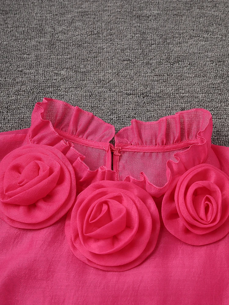 Women Rose Red Mesh Flower Big Size Mini Dress New Stand Collar Long Sleeve Fashion Tide Spring Autumn 2025 CPG3051