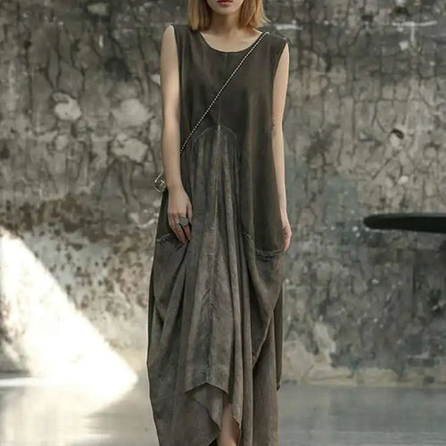 Load image into Gallery viewer, Women Orange Pleated Vintage Casual Dress New Round Neck Sleeveless Loose Fit Fashion Tide Spring Summer 2025 1DF6825
