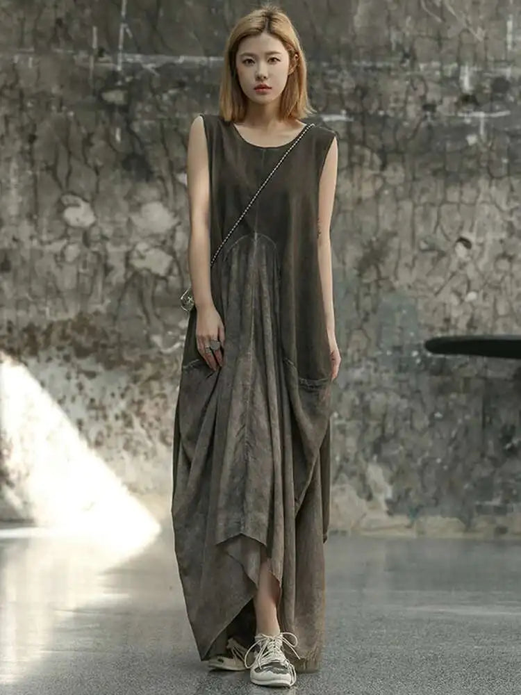 Women Orange Pleated Vintage Casual Dress New Round Neck Sleeveless Loose Fit Fashion Tide Spring Summer 2025 1DF6825