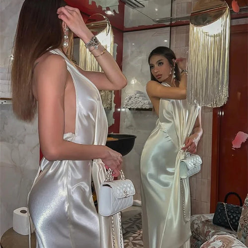 Load image into Gallery viewer, Satin Deep V Neck Backless Sexy Maxi Dress Women Elegant Halter Sleeveless Lace-up High Waist Draped Ruched Long Dress
