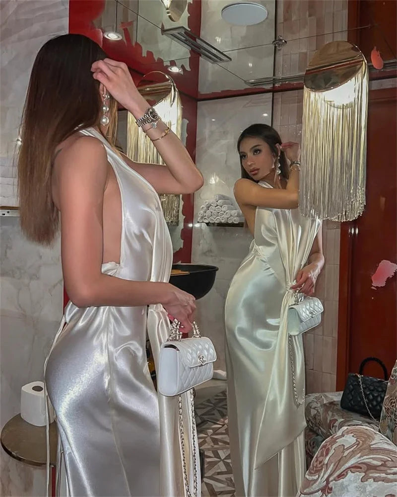 Satin Deep V Neck Backless Sexy Maxi Dress Women Elegant Halter Sleeveless Lace-up High Waist Draped Ruched Long Dress