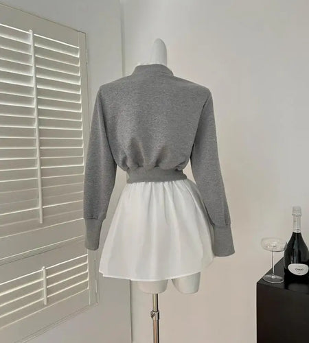 Autumn Winter Women's Fashion Grey Single Breasted Long Sleeves Cardigan Tops And High Waist Pleated Mini Skirts Two-piece Sets