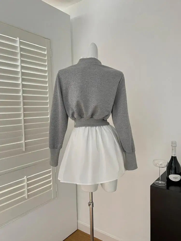 Autumn Winter Women's Fashion Grey Single Breasted Long Sleeves Cardigan Tops And High Waist Pleated Mini Skirts Two-piece Sets