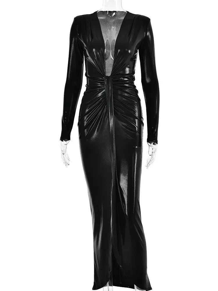 Sexy Deep V Long Sleeve Lace Up Pleated Dress For Women Bodycon Split Metal Color Winter Party Club Evening Vestidos