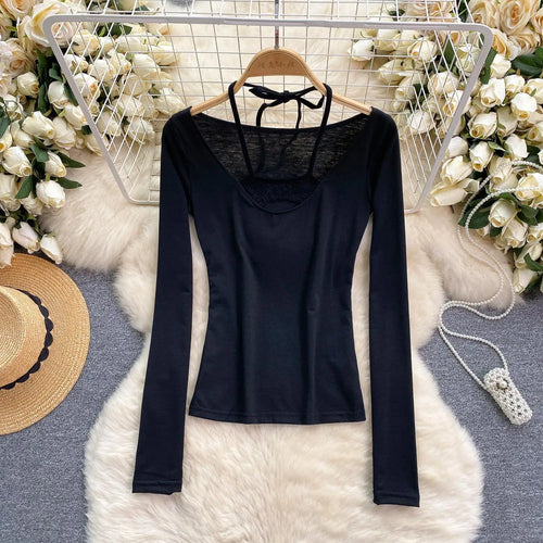 Load image into Gallery viewer, Korean Women's Black Hollow Out Halter Lace-up Short T Shirt Autumn Long Sleeve Slim Pullover Tops Simplicity Popular Clothing
