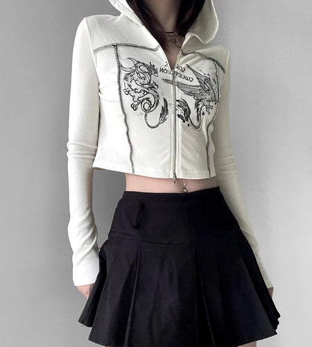 Harajuku Line Stitch Bodycon Hooded T shirt Women Graphic Printed Korean Zip Up Top Tee Cropped Ribbed Knit Clothing