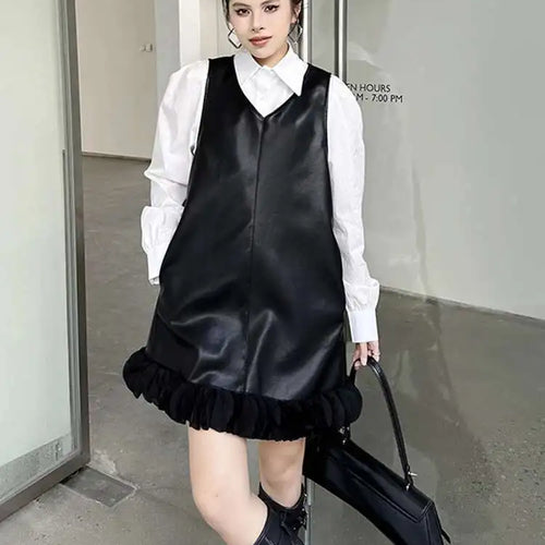 Load image into Gallery viewer, Black Leather Mesh Dress Shirt Two Pieces Suit New Lapel Long Sleeve Women Fashion Tide Spring Autumn 2025 1DH9256
