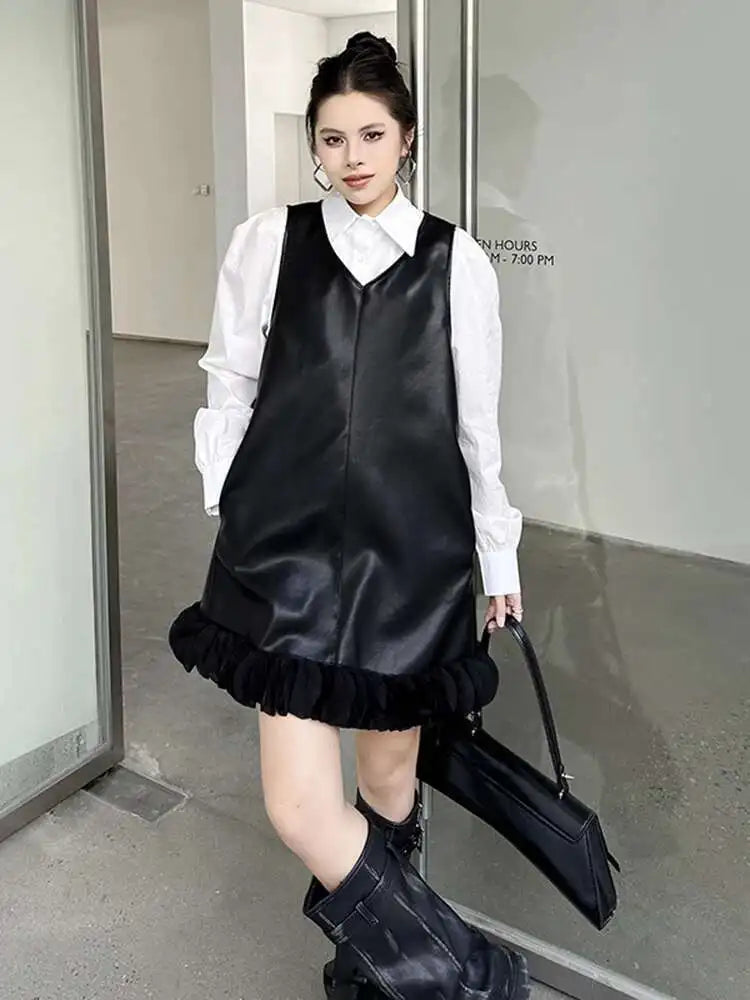 Black Leather Mesh Dress Shirt Two Pieces Suit New Lapel Long Sleeve Women Fashion Tide Spring Autumn 2025 1DH9256