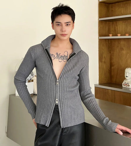 Slim Men's Knitted Sweater Coat Double Pull Zipper Open Sweatshirts Korean Solid Color Casual Cardigan Autumn 9C2029