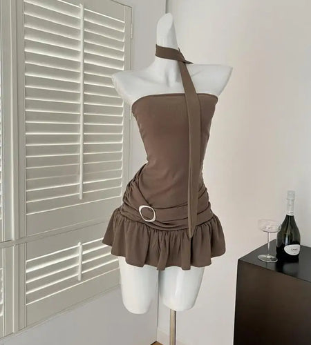 Black Elegant Sexy Club Pleated A-line Short Dress Women's Summer New Brown Sleeveless Off Shoulder Ruffled Edge Strapless Dress