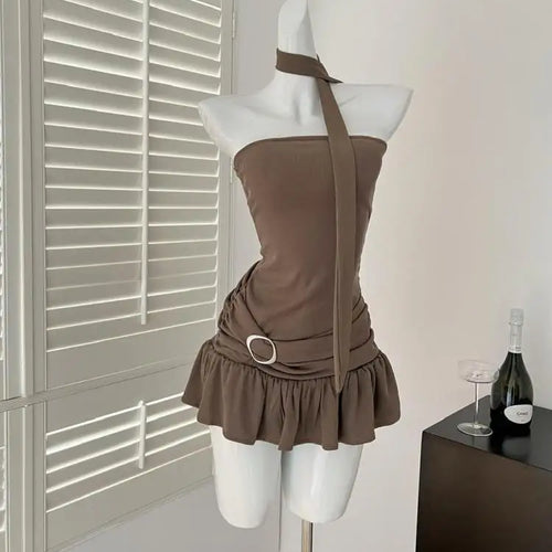 Load image into Gallery viewer, Black Elegant Sexy Club Pleated A-line Short Dress Women's Summer New Brown Sleeveless Off Shoulder Ruffled Edge Strapless Dress
