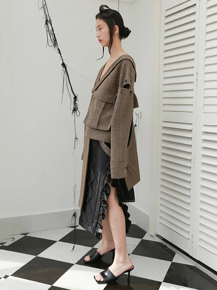 Loose Fit Big Size Irregualr Pocket Woolen Coat Parkas New Long Sleeve Women Fashion Tide Autumn Winter 2025 1DD2175