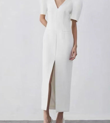 Solid Minimalist Slimming Dresses For Women V Neck Short Sleeve High Waist Temperament Dress Female Fashion Style