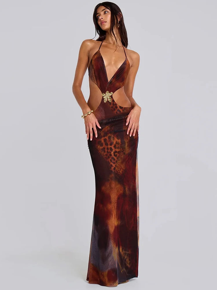 Halter Deep V Neck Print Sexy Maxi Dress For Women Gown Summer New Hollow Out Sleeveless Backless Beach Long Dress