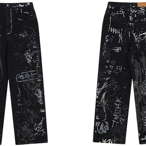 Load image into Gallery viewer, Hip Hop Black Jeans Y2K Men Graffiti Print Straight Wide Baggy Loose Denim Pants Streetwear 2023 Harajuku Fashion Punk Trousers
