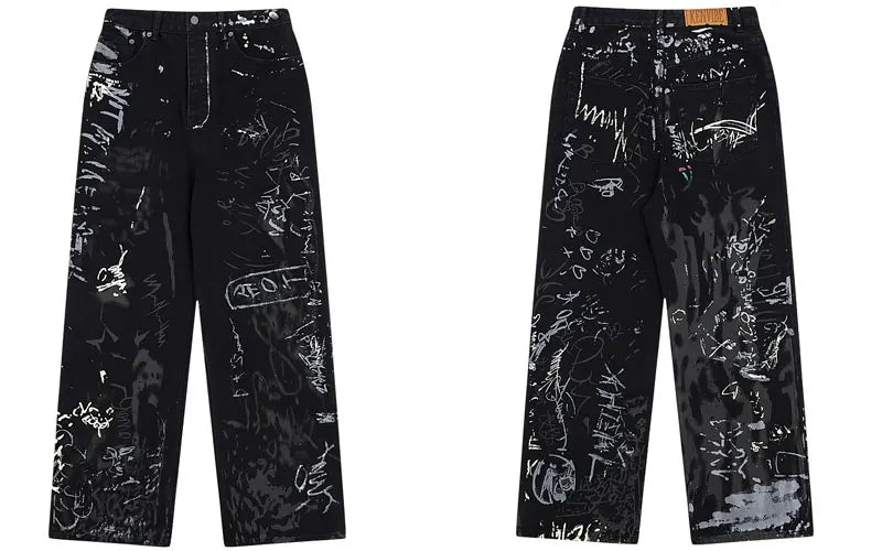 Hip Hop Black Jeans Y2K Men Graffiti Print Straight Wide Baggy Loose Denim Pants Streetwear 2023 Harajuku Fashion Punk Trousers
