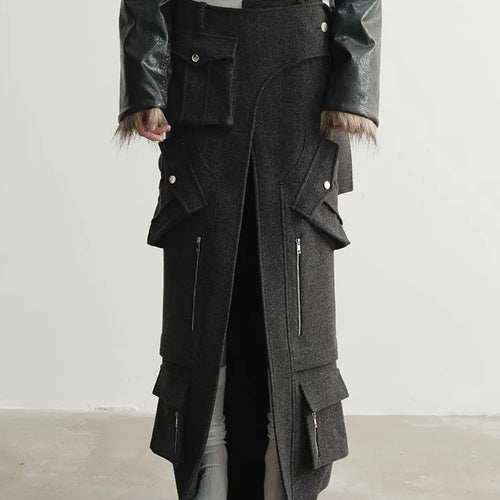 Load image into Gallery viewer, High Waist 30% Wool Gray Pocket Slit Elegant Woolen Half-body Skirt Women Fashion Tide New Autumn Winter 2025 1DH4038
