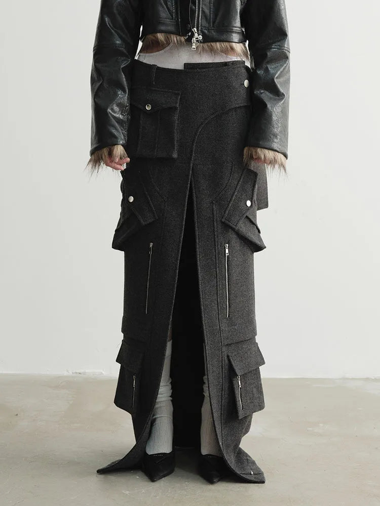 High Waist 30% Wool Gray Pocket Slit Elegant Woolen Half-body Skirt Women Fashion Tide New Autumn Winter 2025 1DH4038