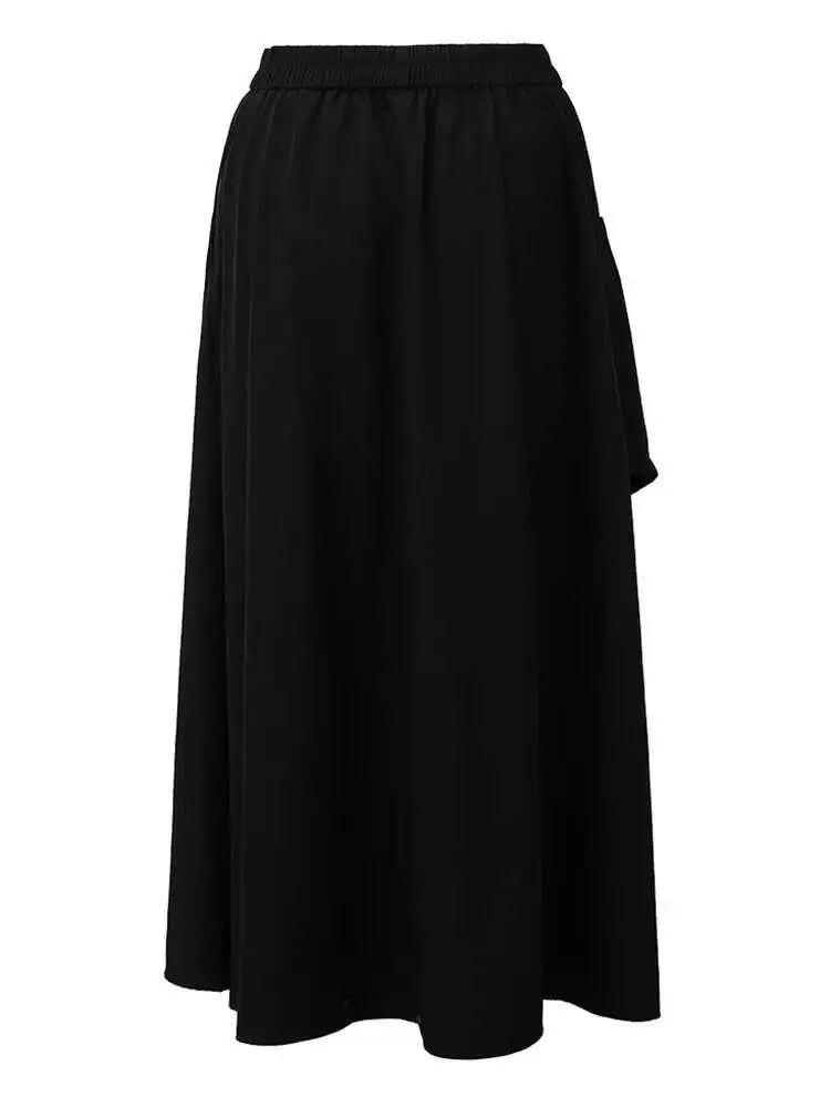 High Elastic Waist Black Irregular Pocket Midi A-line Half-body Skirt Women Fashion Tide New Spring Autumn 2025 1DH5348