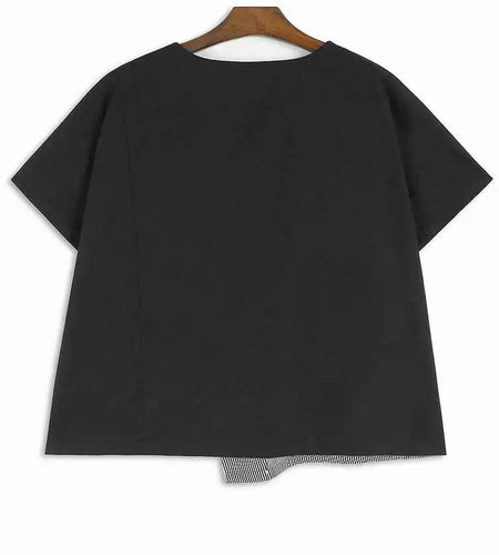 Women Black Striped Dot Flower Big Size T-shirt New Round Neck Short Sleeve Fashion Tide Spring Summer 2025 1DH4878