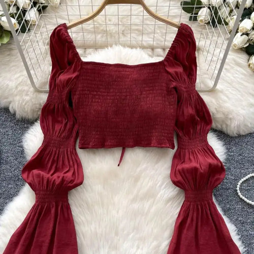 Load image into Gallery viewer, Autumn French Solid Ruffle Edge Lace-up Shirt Women Long Sleeves Square Neck Slim Short Tops Versatile Button Pleated Blouse New
