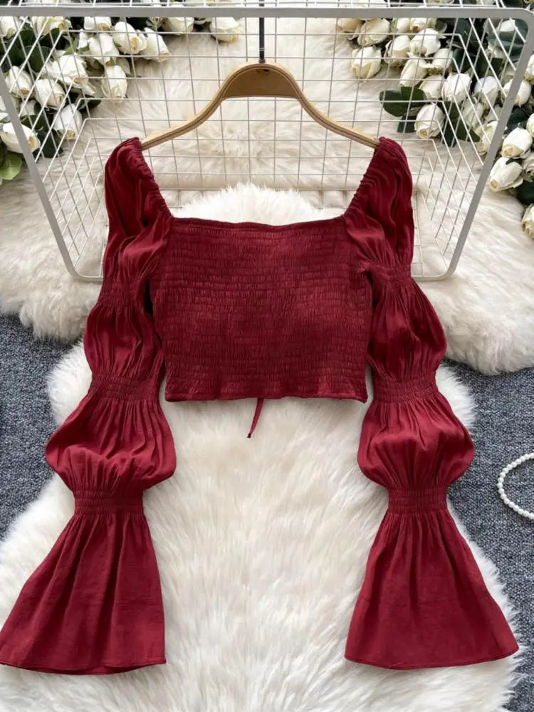 Autumn French Solid Ruffle Edge Lace-up Shirt Women Long Sleeves Square Neck Slim Short Tops Versatile Button Pleated Blouse New