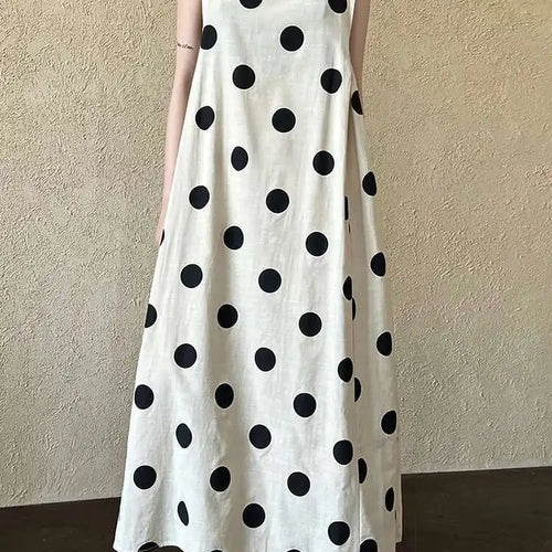 Load image into Gallery viewer, Women White Dot Printed Pleated Big Size Elegant Dress New Round Neck Sleeveless Fashion Tide Spring Summer 2025 1DJ0367

